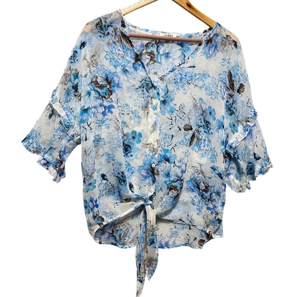 Umgee Women Top‎ S Blue Cottage Floral Chiffon Tie Front Ruffle Flutter Sleeve